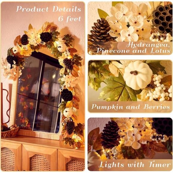 Fall Garland with Lights, 6 ft Artificial Autumn Harvest Garland - Picture 4 of 7